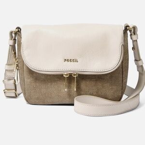 Fossil Preston Flap Leather Crossbody Bag Vow Hide White Shimmer Metallic